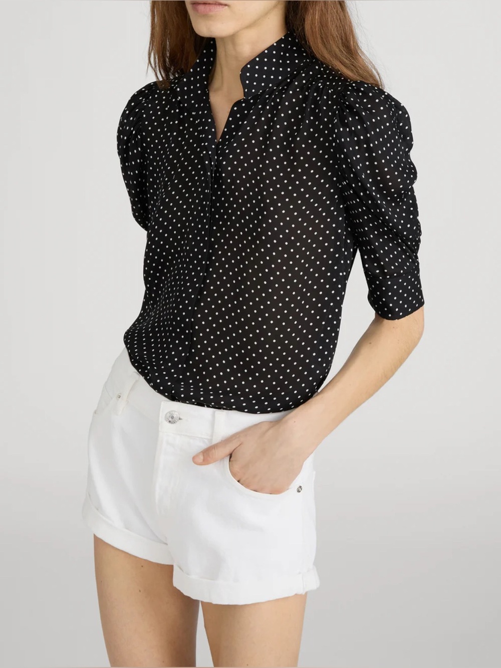 Frame The Gillian Navy Polka Dot Puff-Sleeve Top size large NWOT